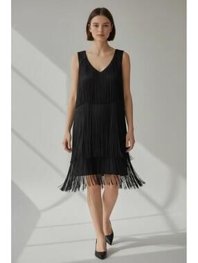 Boston Proper Sleeveless Black Fringe Swing Mini Dress, Size 8